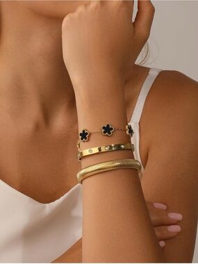 Gold Bracelet Stack with Black Clover Charm